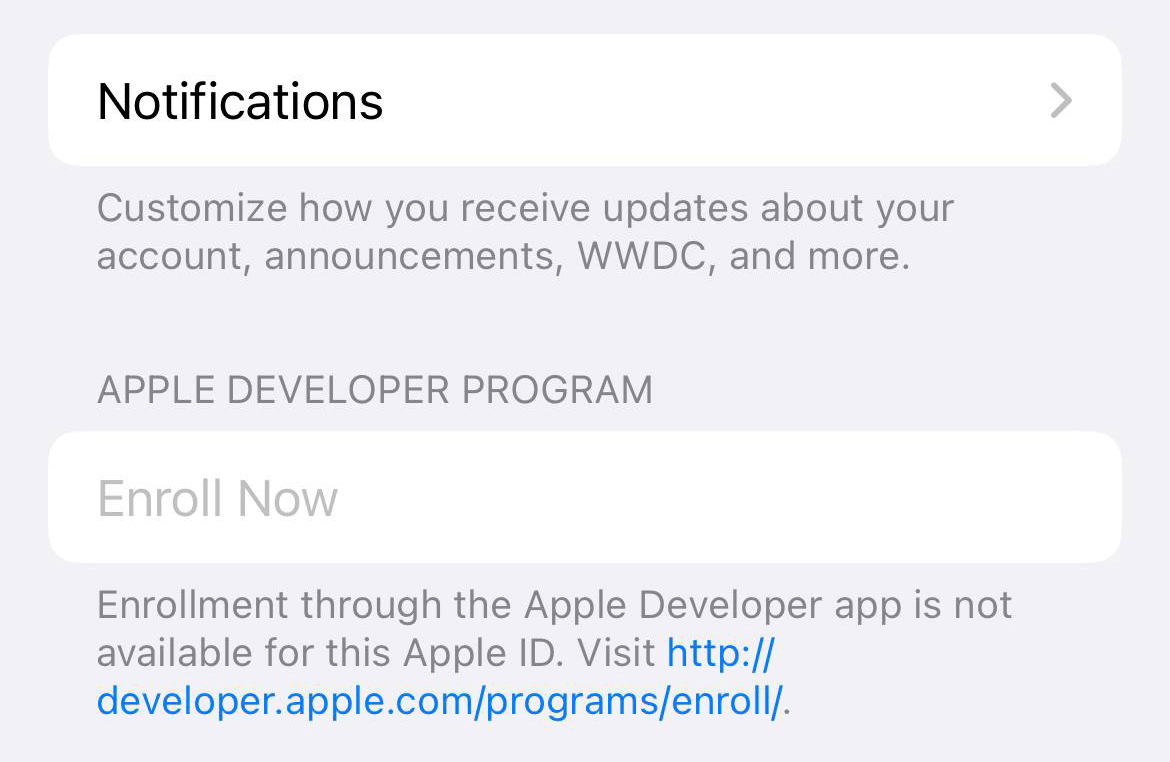 Кнопка Enroll недоступна в приложении Developer