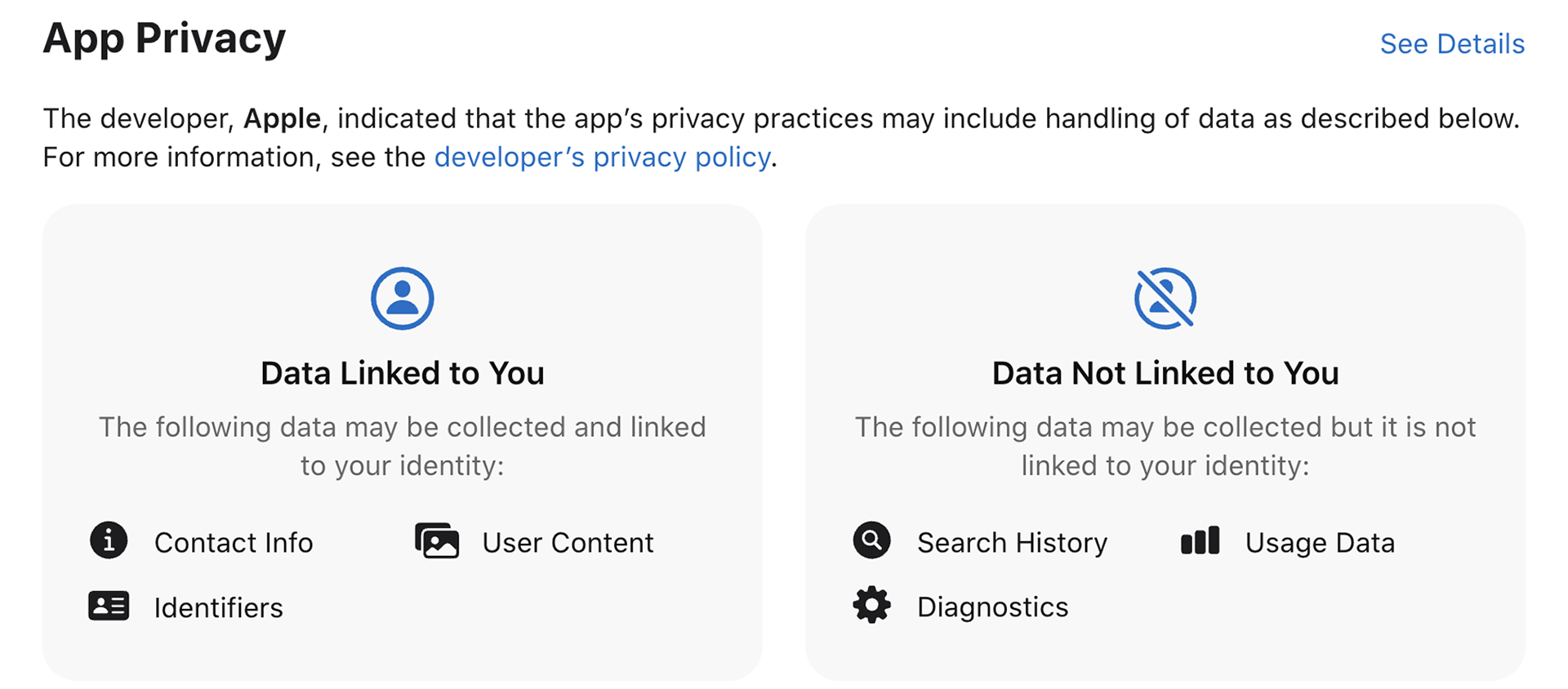  Information about what data we collect on the App Store page 