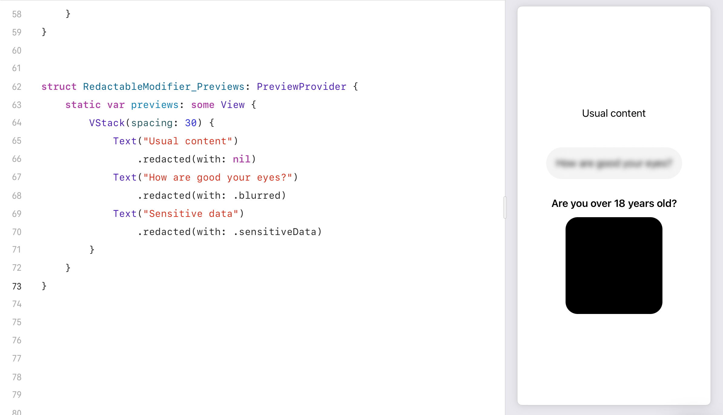 Отображение после применения `RedactableModifier`.